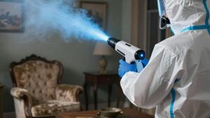 Специалист в защитном костюме проводит профессиональную дезинфекцию квартиры наследников с помощью распылителя